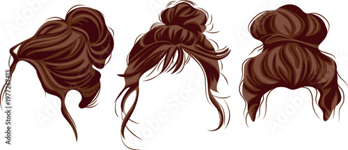 set of vector templates of brown hair of various shapes, gathered in careless, imperfect buns, for female characters, various side views