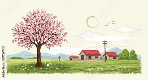 Serene landscape with blooming cherry tree houses and green field under sunny sky with mountains