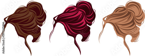 set of vector templates of hair of different colors, gathered in a careless, imperfect bun, for female characters, side view