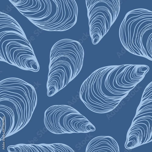 seamless abstract pattern on a marine theme with shells in line art style on a blue background, for textiles, printing or backgrounds for social networks on a marine theme