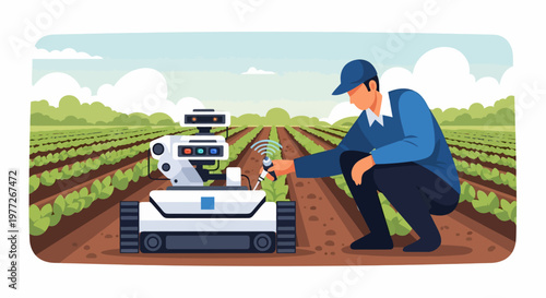 Man Operating Robot in Agricultural Field.
