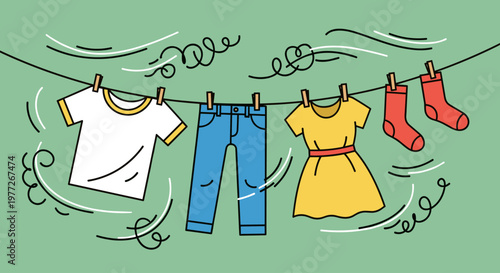 A colorful illustration of laundry hanging on a line, evoking a sense of freshness and cleanliness.