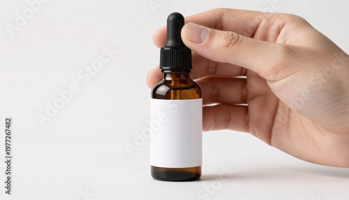 Hand holding amber glass dropper bottle with blank label mockup