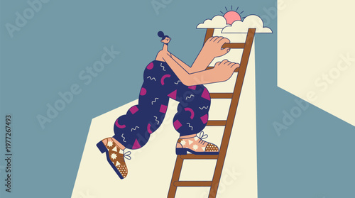 Abstract Corporate Character Climbing Ladder Towards Sun - Modern Business Vector Series for Achieving Goals, Visionary Leadership, and Bright Future Success