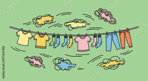 A colorful illustration of laundry on a clothesline, with garments and accessories blowing in the wind, conveying a sense of freshness and carefree li