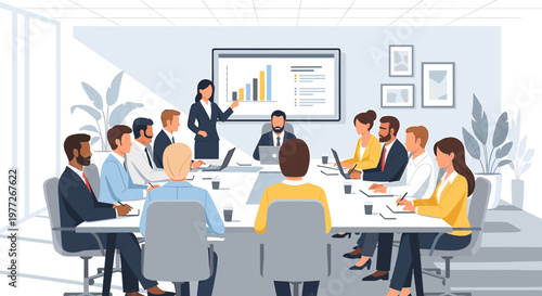 A diverse group of professionals in a modern conference room, attentively listening to a female presenter discussing a bar chart on a large screen.