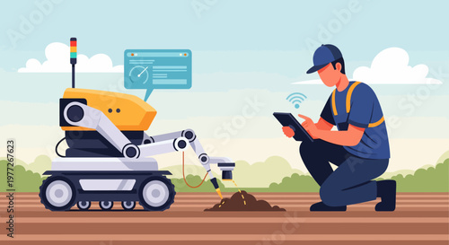 Man Operating Robotic Farming Machine Outdoors.