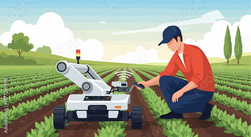Man Operating Robotic Farming Equipment Field.