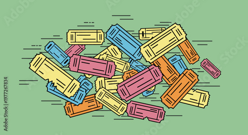 A vibrant illustration of movie tickets in various colors falling against a green background, conveying excitement and energy.