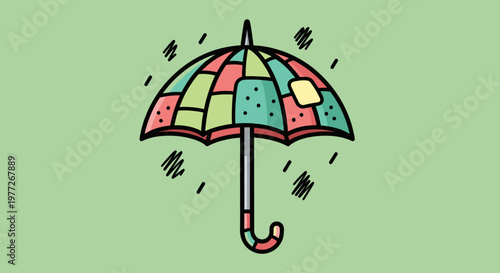 A vibrant, patchwork umbrella illustration with a playful and cheerful mood, perfect for representing protection and creativity in a fun way.