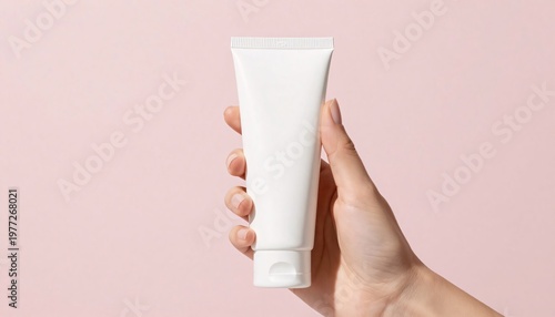 Hand holding blank white cosmetic tube on pink background mockup