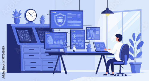 Man Working on Computer with Multiple Monitors.