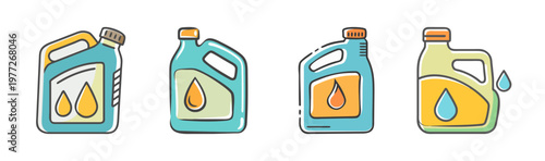 Set of four hand-drawn icons depicting engine oil containers and drops.