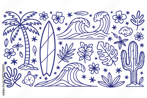 Title whimsical blue and white tropical scene with palm trees waves and desert elements description a charming hand drawn style illustration featuring a