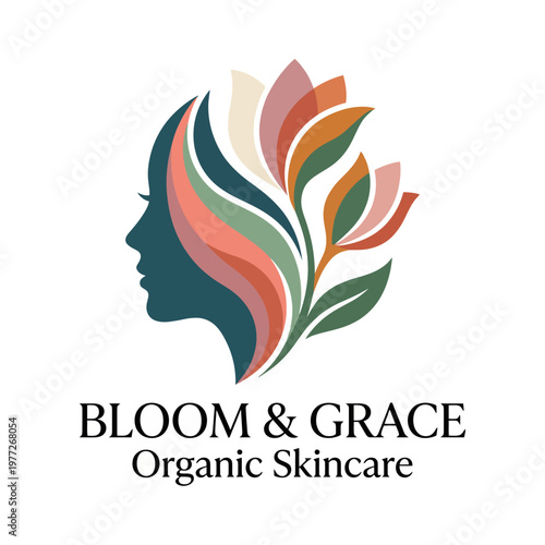 This logo features a graceful profile silhouette infused with floral motifs, representing organic skincare that nurtures beauty and harmony in women's lives and self-care.