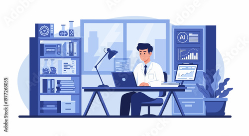 Man Working on Laptop in Modern Office.