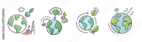 Hand-drawn icons showing environmental impact and global ecological concepts.