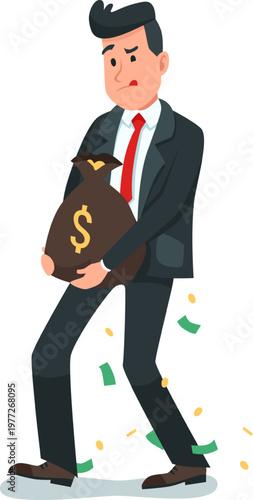 Business man losing money from heavy bag