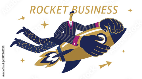 Abstract Corporate Character Riding Rocket Business Spaceship - Modern Business Vector Series for Startup Launch, Rapid Market Growth, and Entrepreneurial Success