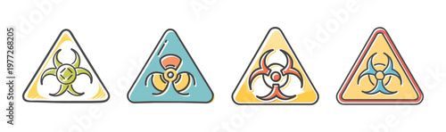 Set of four cartoon biohazard warning symbols in triangles.