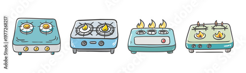 Collection of four cartoon gas stove icons with lit burners.