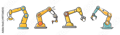 Industrial robot arm icons for automation and manufacturing processes