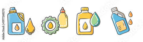 Hand-drawn icons of lubricant bottles, oil drops, and a gear.
