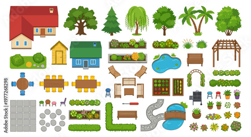 Collection of colorful garden elements houses furniture and landscaping features