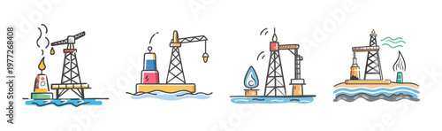 Offshore oil drilling rig platform in the ocean at sunset, industrial energy production