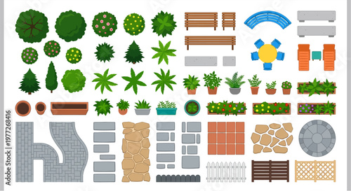 Colorful top down view of various park and garden elements