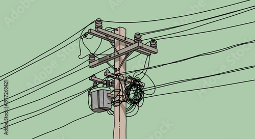 Illustration of an electric power distribution pole with wires and transformer against a green background, representing energy and infrastructure.