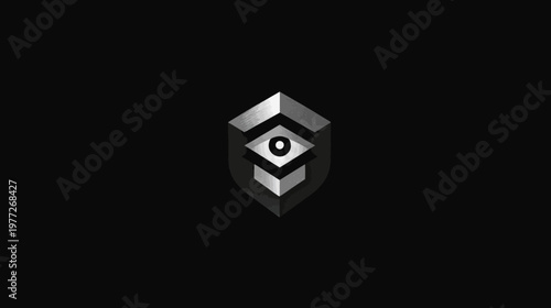 A geometric eye design is centered on a black background. The shape has shades of gray
