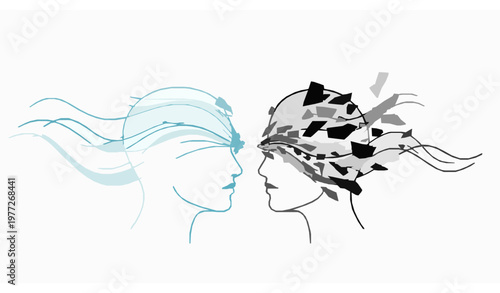 Dual human thinking concept with chaos and order representing relationship psychology and mental balance