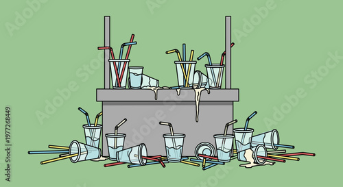 A messy scene with disposable cups and straws scattered around a gray counter, conveying a sense of carelessness and environmental concern.