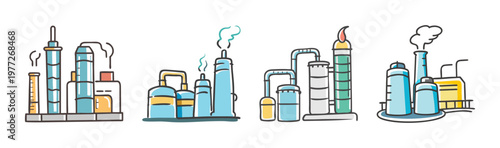 Oil refinery icon, industrial plant for petroleum processing and energy production