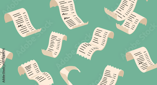 A whimsical illustration of receipts floating in mid-air against a green background, evoking a sense of carefree shopping.