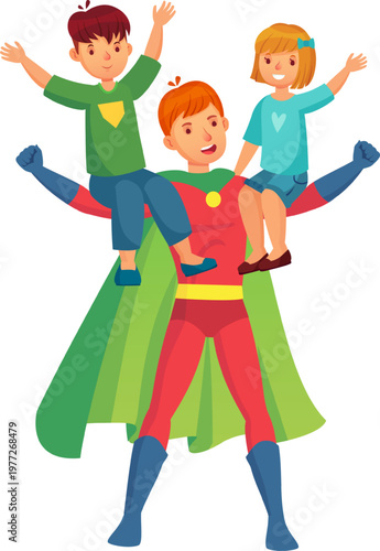Superhero father carrying smiling children on his shoulders