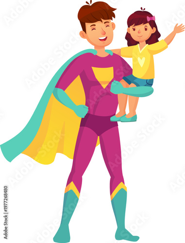 Superhero dad holding happy daughter, fatherhood concept