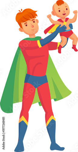 Superhero dad holding baby flying on white background