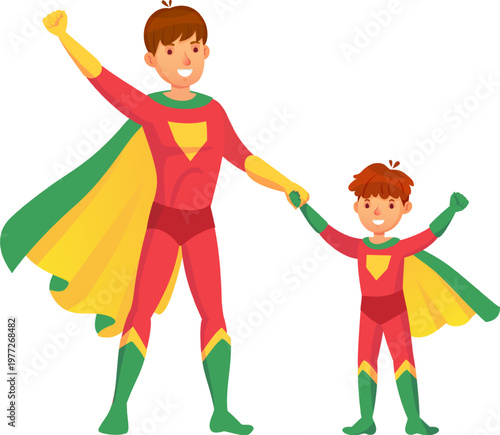 Father and son superheroes flying hand in hand