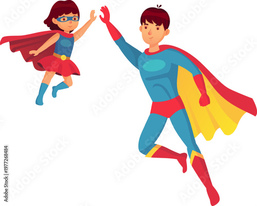 Superhero father and daughter high fiving flying together