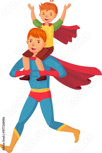 Superhero father carrying son on shoulders running
