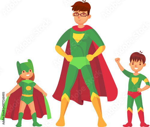 Super dad and children playing superhero family