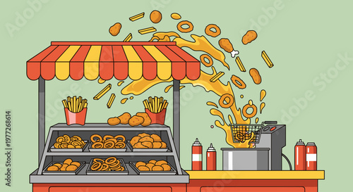A colorful illustration of a fried food cart with food items flying out, conveying a sense of abundance and chaos.