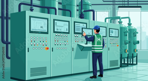 Technician Inspecting Industrial Control Panels and Equipment.