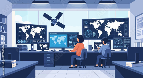 Technicians Monitoring Satellite Data in Control Room.