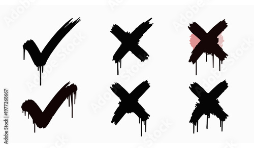 Graffiti style tick and cross symbols set with bold paint brush marks for approval and rejection concept design