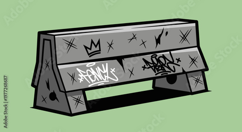 A stylized illustration of a graffiti-covered bench, conveying a sense of urban art and creativity.
