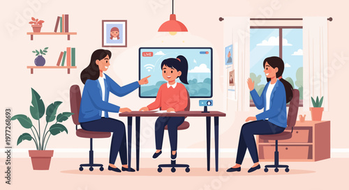 Three People Working Together at Desk.