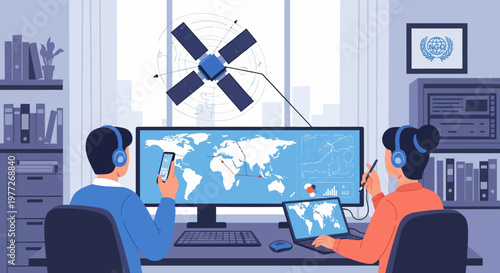 Two People Working on Satellite Technology.